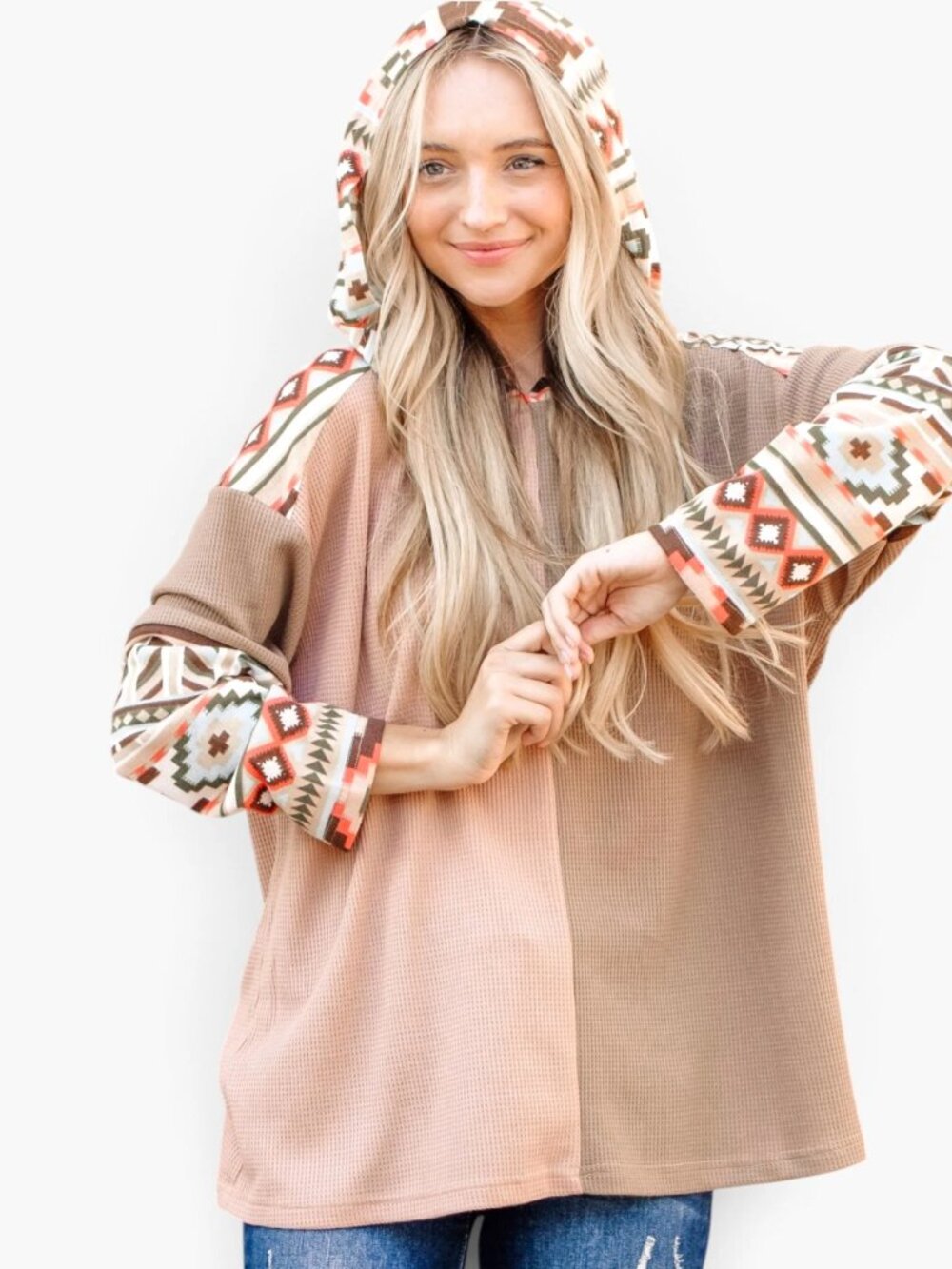 Multicolor Geometric Print Colorblock Waffle Knit Hooded Over-Sized Top.